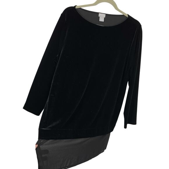 Chicos 2 Velvet Tunic Size Large Black Boat neck Chiffon Hem Travelers Lagenlook - Picture 4 of 8
